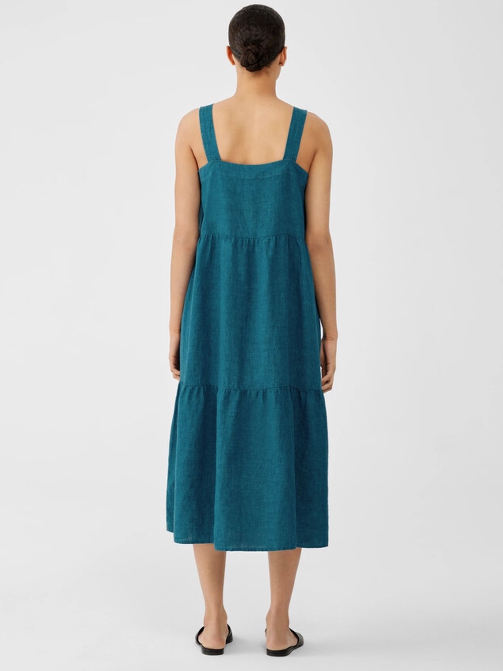 Eileen Fisher Teal Tiered Delave linen Midi Dress - Picture 2 of 10